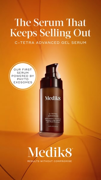 A clean, high-contrast product-centric ad for a Vitamin C gel serum that emphasizes social proof and product efficacy.
